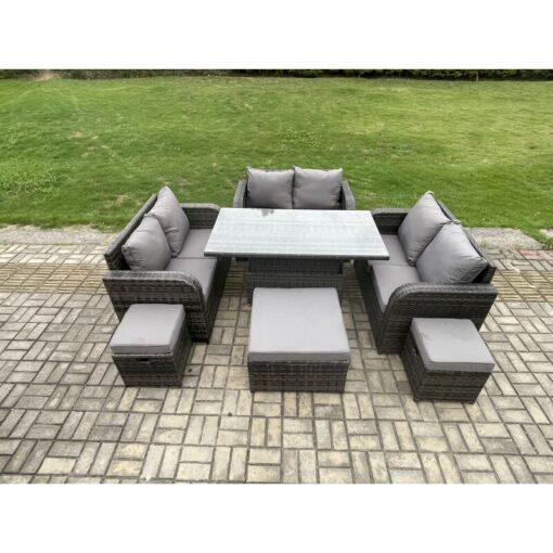 Fimous - Rattan Garden Outdoor Furniture 3 pc Love Sofa Set Adjustable Rising lifting Dining Table With 3 Footstools