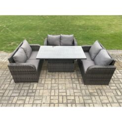 Fimous - Rattan Garden Outdoor Furniture 3 pc Love Sofa Set Patio Adjustable Rising lifting Dining Table Dark Grey Mixed