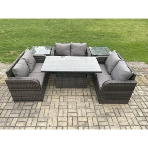 Fimous - Rattan Garden Outdoor Furniture 3 pc Love Sofa Set Patio Adjustable Rising lifting Dining Table With 2 Side Tables