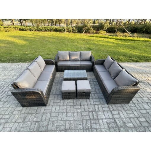 Fimous Rattan Lounge Sofa Set 11 Seater Outdoor Garden Furniture Set with Rectangular Coffee Table 3 Seater Sofa 2 Small Footstools Dark Grey Mixed