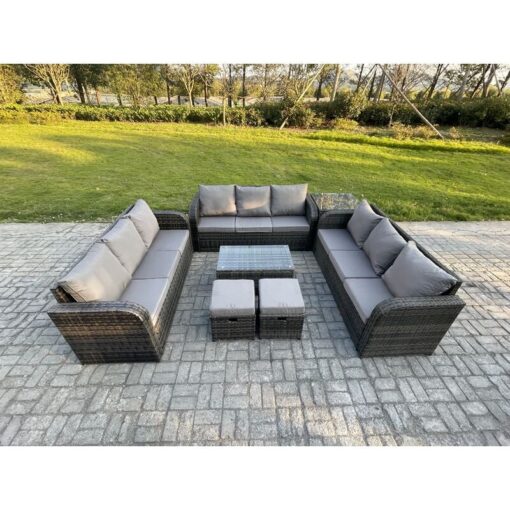 Fimous Rattan Lounge Sofa Set 11 Seater Outdoor Garden Furniture Set with Rectangular Coffee Table 3 Seater Sofa Side Table 2 Small Footstools Dark