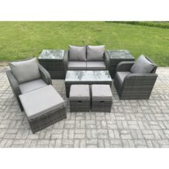 Fimous Rattan Lounge Sofa Set Outdoor Garden Furniture Set with Rectangular Coffee Table Love Sofa 2 Side Tables 3 Footstools Dark Grey Mixed