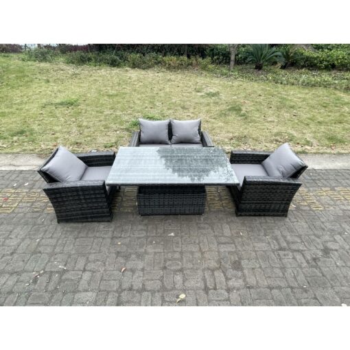 Fimous - Rattan Outdoor Furniture Adjustable Rising Lifting Rectangle Dining Table Chairs Two Seater Love Sofa Sets 4 Seater