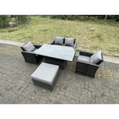 Fimous - Rattan Outdoor Furniture Adjustable Rising Lifting Rectangle Dining Table Chairs Two Seater Love Sofa Sets Big Footstools 5 Seater