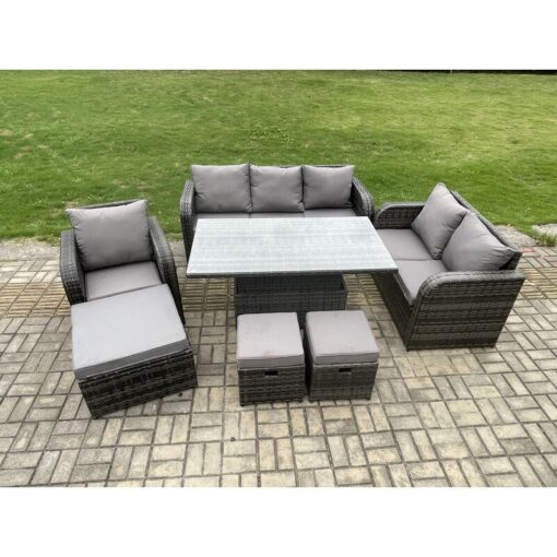 Fimous - Rattan Outdoor Furniture Garden Dining Set Patio Height Adjustable Rising lifting Table Reclining Chair Sofa With 3 Footstools Dark Grey