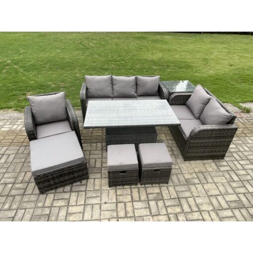 Fimous Rattan Outdoor Furniture Garden Dining Set Patio Height Adjustable Rising lifting Table Reclining Chair Sofa With Side Table 3 Footstools Dark