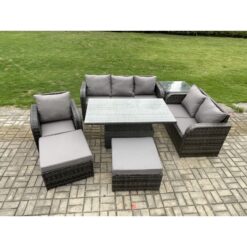 Fimous - Rattan Outdoor Furniture Garden Dining Set Patio Height Adjustable Rising lifting Table Reclining Chair Sofa With Side Tables 2 Big