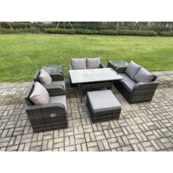 Fimous Rattan Outdoor Furniture Garden Dining Set Rectangular Table and Chair Sofa Set With 2 Side Tables Big Footstool Dark Grey Mixed