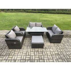 Fimous Rattan Outdoor Furniture Garden Dining Set Rectangular Table and Chair Sofa Set With Big Footstool Dark Grey Mixed