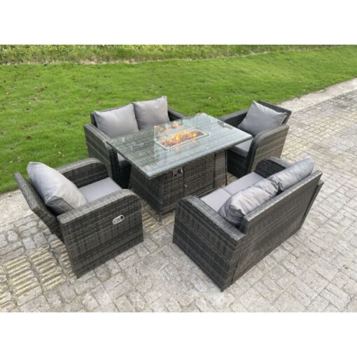 Fimous - Rattan Outdoor Furniture Gas Fire Pit Rectangle Dining Table Gas Heater Adjustable Reclining Chairs Love Sofa Sets 6 Seater