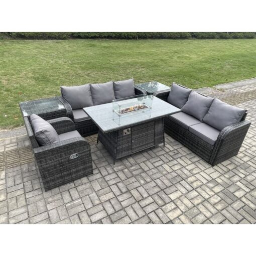 Fimous - Rattan Outdoor Furniture Gas Fire Pit Rectangle Dining Table Gas Heater Reclining Chair 3 Seater Sofa Sets with 2 Side Tables 7 Seater