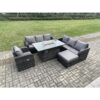 Fimous - Rattan Outdoor Furniture Gas Fire Pit Rectangle Dining Table Gas Heater Reclining Chair 3 Seater Sofa Sets with Big Footstool 8 Seater