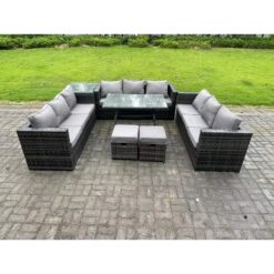 Fimous Rattan Outdoor Furniture Lounge Sofa Garden Dining Set with Dining Table Side Table 2 Small Footstools 11 Seater Dark Grey Mixed