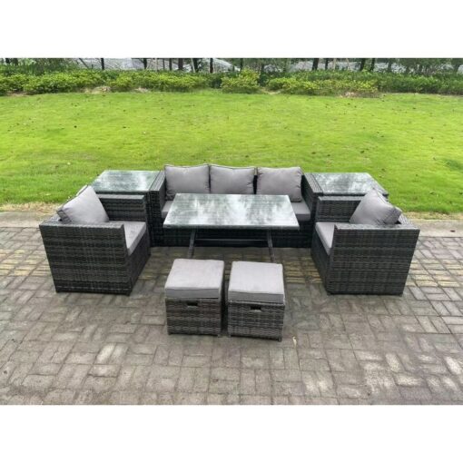 Fimous Rattan Outdoor Furniture Sofa Garden Dining Set with Dining Table 2 Armchairs 2 Side Tables Small Stools Dark Grey Mixed