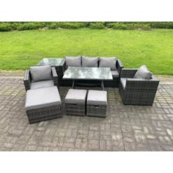 Fimous Rattan Outdoor Furniture Sofa Garden Dining Set with Dining Table 2 Armchairs Side Table 3 Stools 8 Seater Dark Grey Mixed