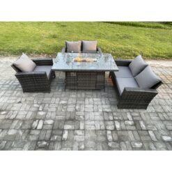 Fimous Rattan Outdoor Garden Furniture Gas Fire Pit Table Sets Gas Heater with Double Seat Sofa Armchair 5 Seater Dark Mixed Grey