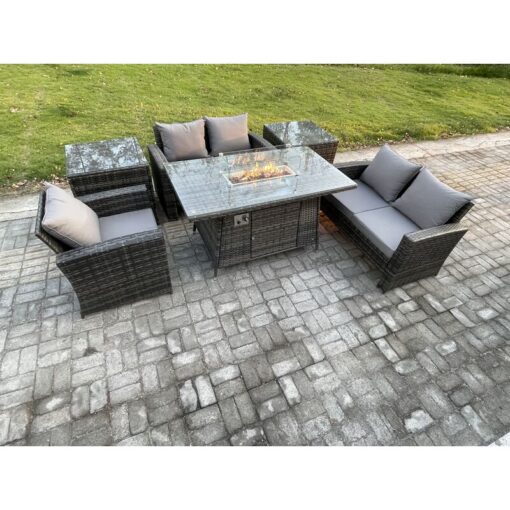 Fimous Rattan Outdoor Garden Furniture Gas Fire Pit Table Sets Gas Heater with Love Sofa Armchair 2 Side Tables 5 Seater Dark Mixed Grey