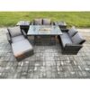 Fimous Rattan Outdoor Garden Furniture Gas Fire Pit Table Sets Gas Heater with Love Sofa Armchair 2 Side Tables Big Footstool 6 Seater Dark Mixed Grey