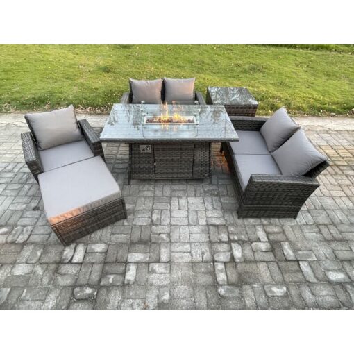 Fimous Rattan Outdoor Garden Furniture Gas Fire Pit Table Sets Gas Heater with Love Sofa Armchair Big Footstool Side Table 6 Seater Dark Mixed Grey