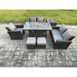 Fimous Rattan Outdoor Garden Furniture Gas Fire Pit Table Sets Gas Heater with Love Sofa Armchair Side Table 2 Small Footstools 7 Seater Dark Mixed