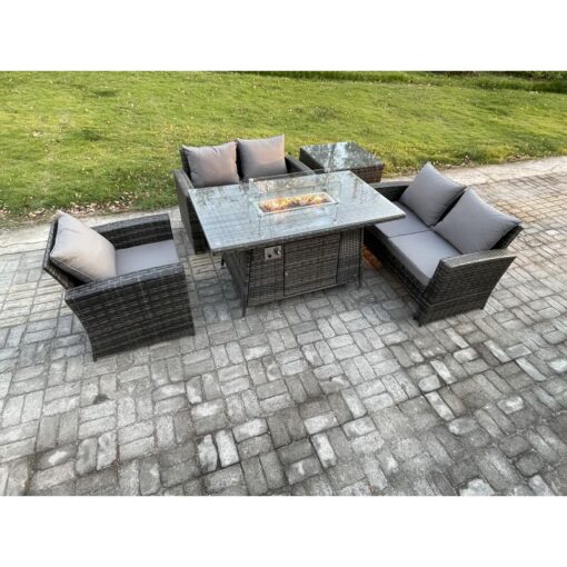 Fimous Rattan Outdoor Garden Furniture Gas Fire Pit Table Sets Gas Heater with Love Sofa Armchair Side Table 5 Seater Dark Mixed Grey