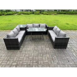 Fimous Rattan Outdoor Garden Furniture Set Garden Dining Table Set with Patio Side Table 9 Seater Dark Grey Mixed