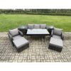 Fimous - Rattan Outdoor Garden Furniture Set Rectangular Dining Table and Chair Sofa Set With 2 Side Tables 2 Big Footstool 7 Seater Dark Grey Mixed