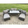 Fimous Rattan Outdoor Garden Furniture Set Rectangular Dining Table and Chair Sofa Set With 2 Side Tables 2 Big Footstool Dark Grey Mixed