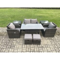 Fimous - Rattan Outdoor Garden Furniture Set Rectangular Dining Table and Chair Sofa Set With 2 Side Tables 2 Small Footstools Dark Grey Mixed