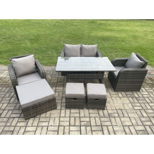 Fimous Rattan Outdoor Garden Furniture Set Rectangular Dining Table and Chair Sofa Set With 3 Footstools Dark Grey Mixed