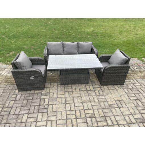 Fimous - Rattan Outdoor Garden Furniture Sets Height Adjustable Rising lifting Dining Table Lounge Sofa Set With Reclining Chair Dark Grey Mixed