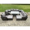 Fimous Rattan Outdoor Garden Furniture Sets Height Adjustable Rising lifting Dining Table Reclining Chair Sofa Set with 2 Side Tables 2 Big