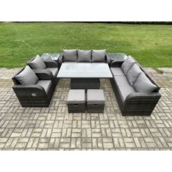 Fimous Rattan Outdoor Garden Furniture Sets Height Adjustable Rising lifting Dining Table Reclining Chair Sofa Set with 2 Side Tables 2 Small