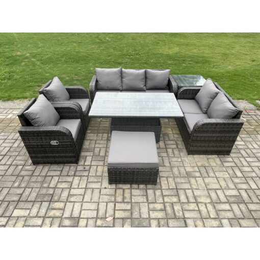 Fimous - Rattan Outdoor Garden Furniture Sets Height Adjustable Rising lifting Dining Table Reclining Chair Sofa Set with Side Table Big Footstool