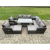 Fimous Rattan Outdoor Garden Furniture Sets Height Adjustable Rising lifting Dining Table Reclining Chair Sofa Set with Side Tables 2 Big Footstools