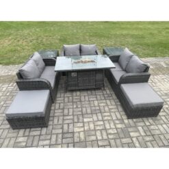 Fimous - Rattan Outdoor Garden Furniture Sofa Set Gas Fire Pit Dining Table Gas Heater with 2 Side Tables Love Sofa 2 Big Footstool Dark Grey Mixed