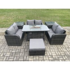 Fimous - Rattan Outdoor Garden Furniture Sofa Set Gas Fire Pit Dining Table Gas Heater with 2 Side Tables Love Sofa Big Footstool Dark Grey Mixed