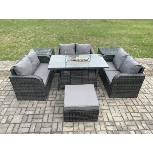 Fimous - Rattan Outdoor Garden Furniture Sofa Set Gas Fire Pit Dining Table Gas Heater with 2 Side Tables Love Sofa Big Footstool Dark Grey Mixed