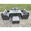 Fimous - Rattan Outdoor Garden Furniture Sofa Set Gas Fire Pit Dining Table Gas Heater with Love Sofa Big Footstool Dark Grey Mixed