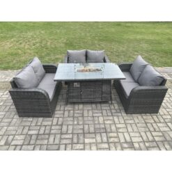 Fimous - Rattan Outdoor Garden Furniture Sofa Set Gas Fire Pit Dining Table Gas Heater with Love Sofa Dark Grey Mixed