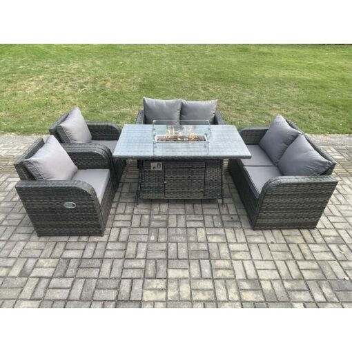 Fimous - Rattan Outdoor Garden Furniture Sofa Set Gas Fire Pit Dining Table Gas Heater with Love Sofa Recling Chair 6 Seater Dark Grey Mixed