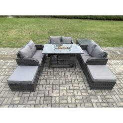 Fimous - Rattan Outdoor Garden Furniture Sofa Set Gas Fire Pit Dining Table Gas Heater with Side Table Love Sofa 2 Big Footstool Dark Grey Mixed