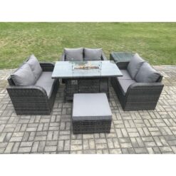 Fimous - Rattan Outdoor Garden Furniture Sofa Set Gas Fire Pit Dining Table Gas Heater with Side Table Love Sofa Big Footstool Dark Grey Mixed