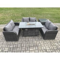 Fimous - Rattan Outdoor Garden Furniture Sofa Set Gas Fire Pit Dining Table Gas Heater with Side Table Love Sofa Dark Grey Mixed