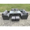 Fimous - Rattan Outdoor Garden Furniture Sofa Set Gas Fire Pit Dining Table Gas Heater with Side Tables Love Sofa 2 Small Footstools Dark Grey Mixed