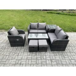 Fimous - Rattan Outdoor Garden Furniture Sofa Set Patio Table & Chairs Set with 2 Small Footstools Side Table Dark Grey Mixed