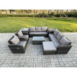 Fimous Rattan Outdoor Garden Furniture Sofa Set Patio Table & Chairs Set with 3 Seater Sofa Reclining Chair 2 Side Table Big Footstool Dark Grey Mixed