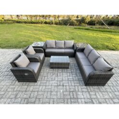 Fimous Rattan Outdoor Garden Furniture Sofa Set Patio Table & Chairs Set with 3 Seater Sofa Reclining Chair 2 Side Tables Dark Grey Mixed