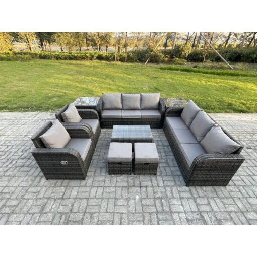 Fimous Rattan Outdoor Garden Furniture Sofa Set Patio Table & Chairs Set with 3 Seater Sofa Reclining Chair 2 Small Footstools 3 Seater Sofa 2 Side