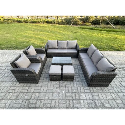 Fimous Rattan Outdoor Garden Furniture Sofa Set Patio Table & Chairs Set with 3 Seater Sofa Reclining Chair 2 Small Footstools Dark Grey Mixed